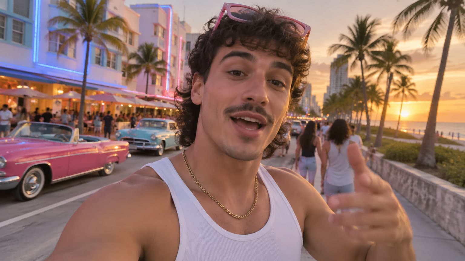 An IRL streamer walking Ocean Drive in Miami at sunset