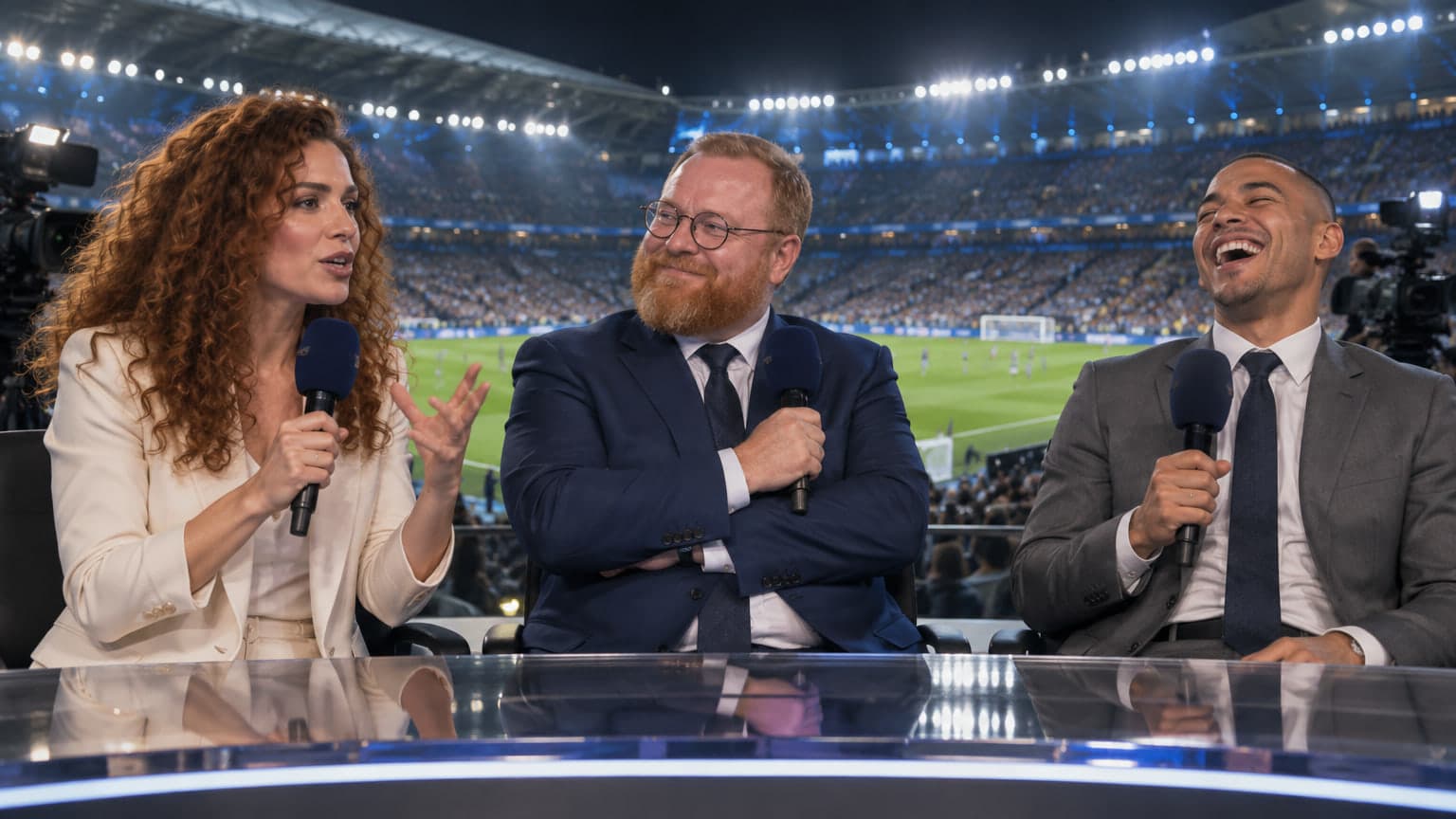 Three football pundits debating in a stadium studio